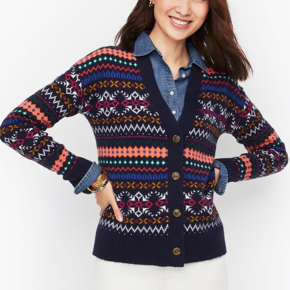 Talbots Fair Isle Button Front Cardigan Size L Navy Multicolor
